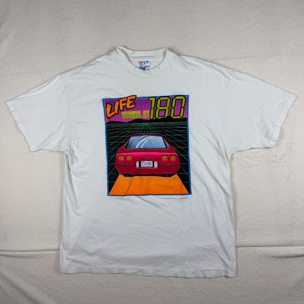 Vintage 90s Hanes Beefy-T Corvette Life Begins‎ At 180 Graphic T-Shirt White XL